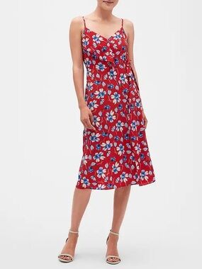 Banana Republic Red Floral Midi Dress with Blue & White Flowers, Size 4